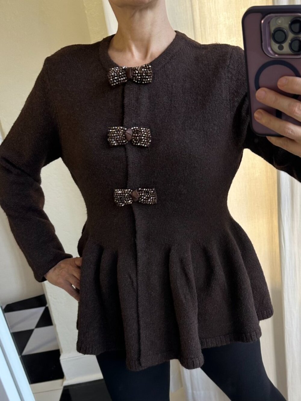 Endless Rose Brown Rhinestone Bow Peplum Knit Cardigan Jacket Size L NWT